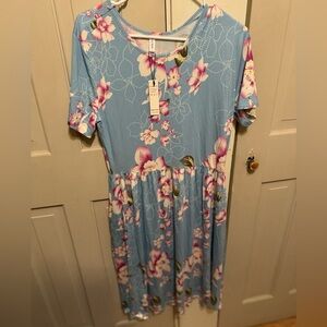 Floral Blue Dress with Pink Accents